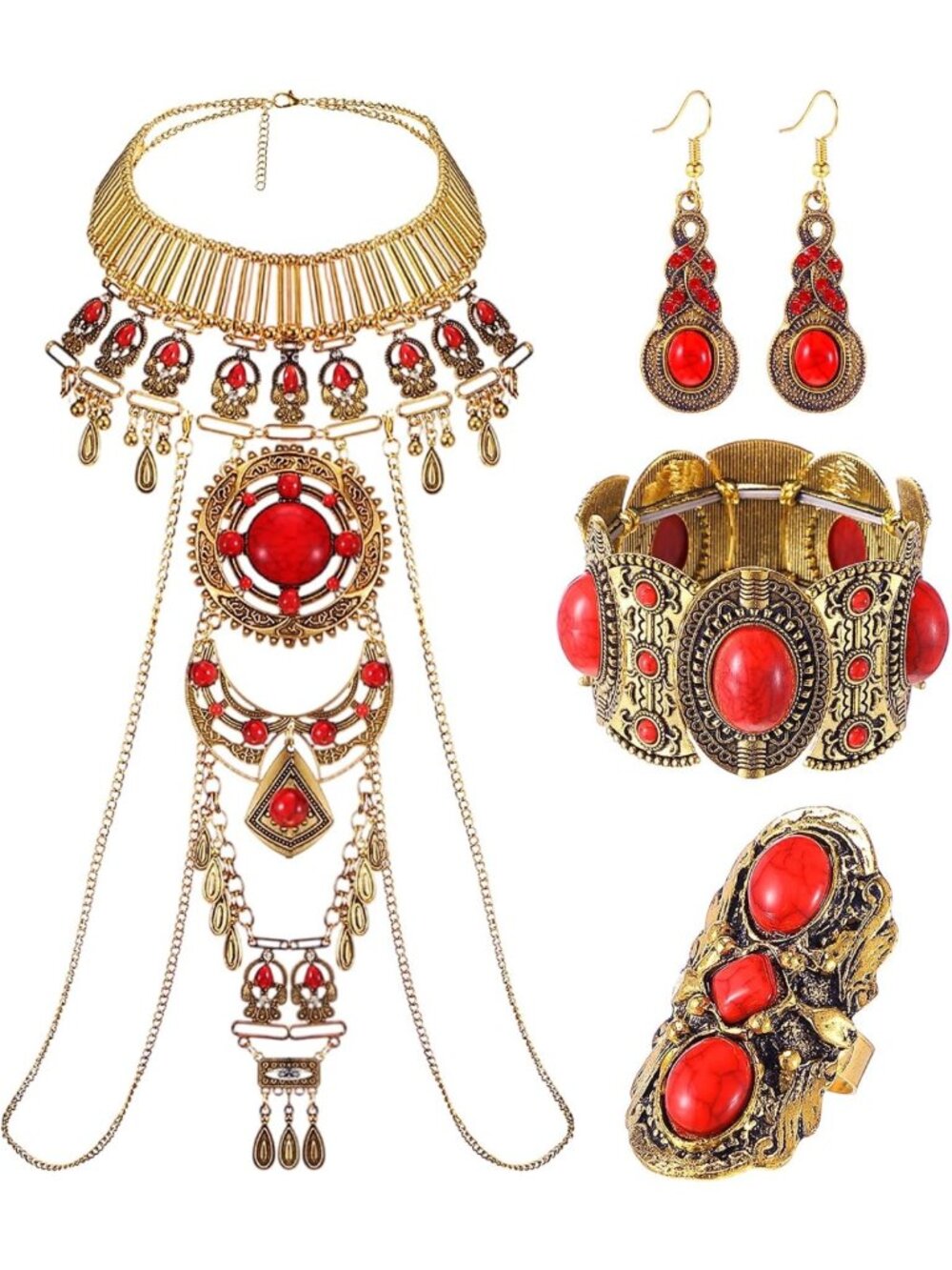 Turquoise Western Jewelry Set - 4 Pcs Boho Cowgirl Necklace & Earrings for Women